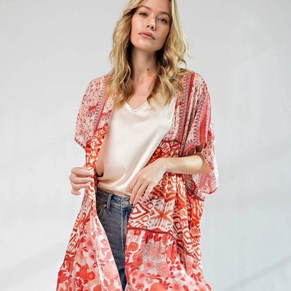 Easel "Lunch In The Garden" Orange and White Floral Boho Kimono, Size 3X. NWT - Picture 4 of 11